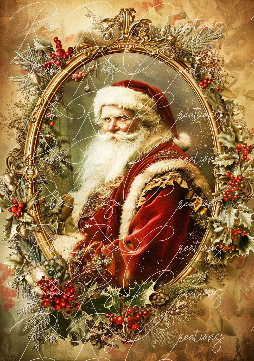 Reba Rose Creations, Rice Paper for Decoupage, Mixed Media, Nostalgic Santa Claus, Framed, Holly Berries, Christmas, 105, A3, 11.7 x 16.5