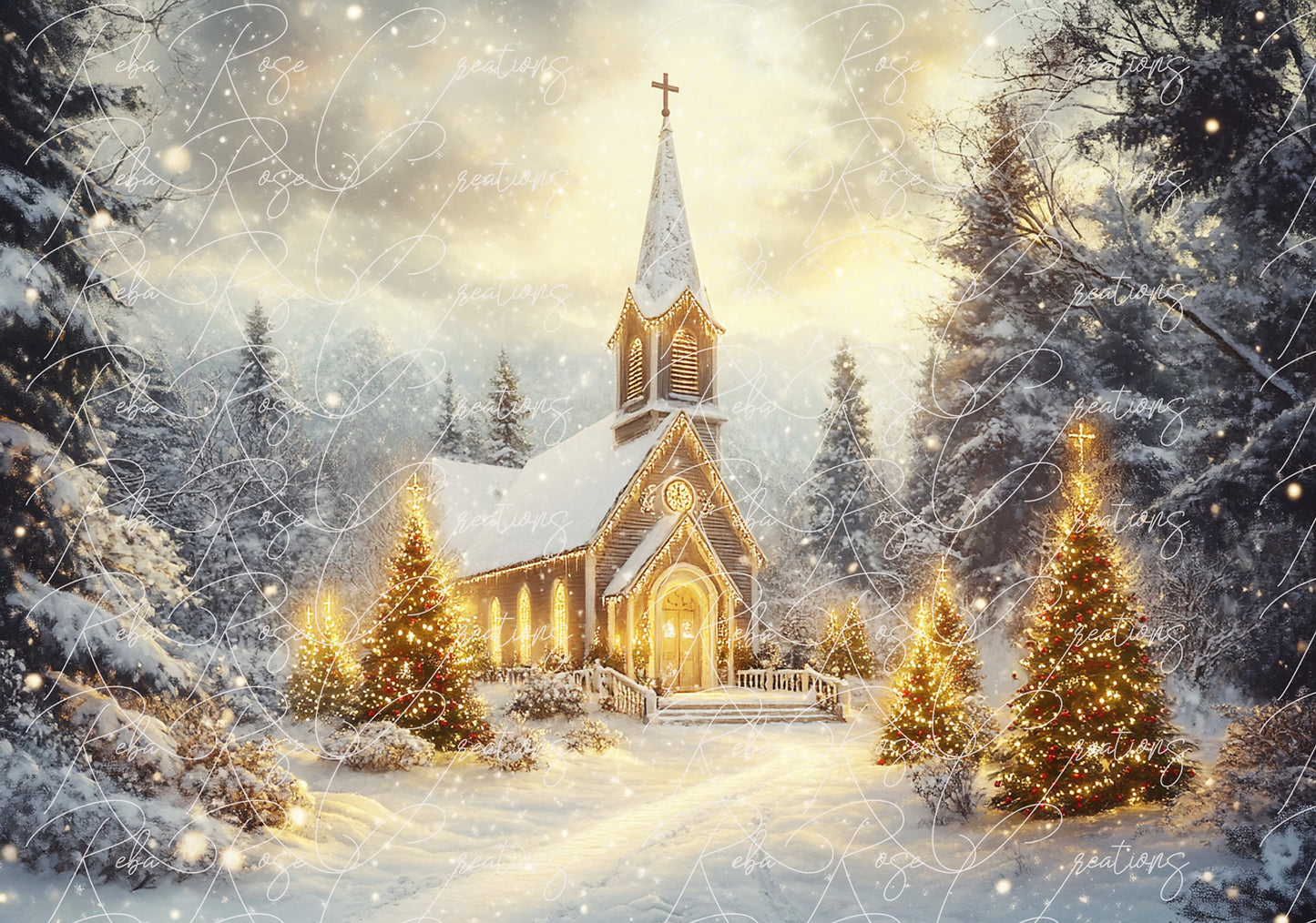 Reba Rose Creations, Rice Paper for Decoupage, Church, Winter, Landscape, Christmas, Forest, 107, A3, 11.7 x 16.5