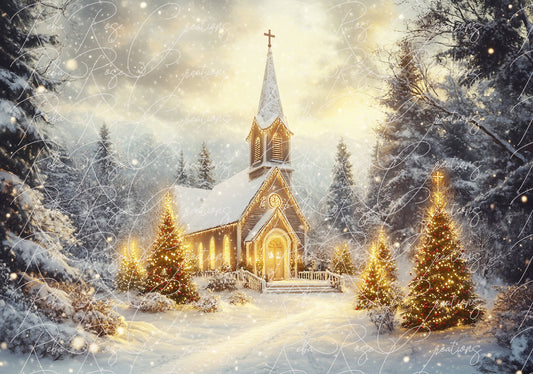 Reba Rose Creations, Rice Paper for Decoupage, Church, Winter, Landscape, Christmas, Forest, 107, A3, 11.7 x 16.5