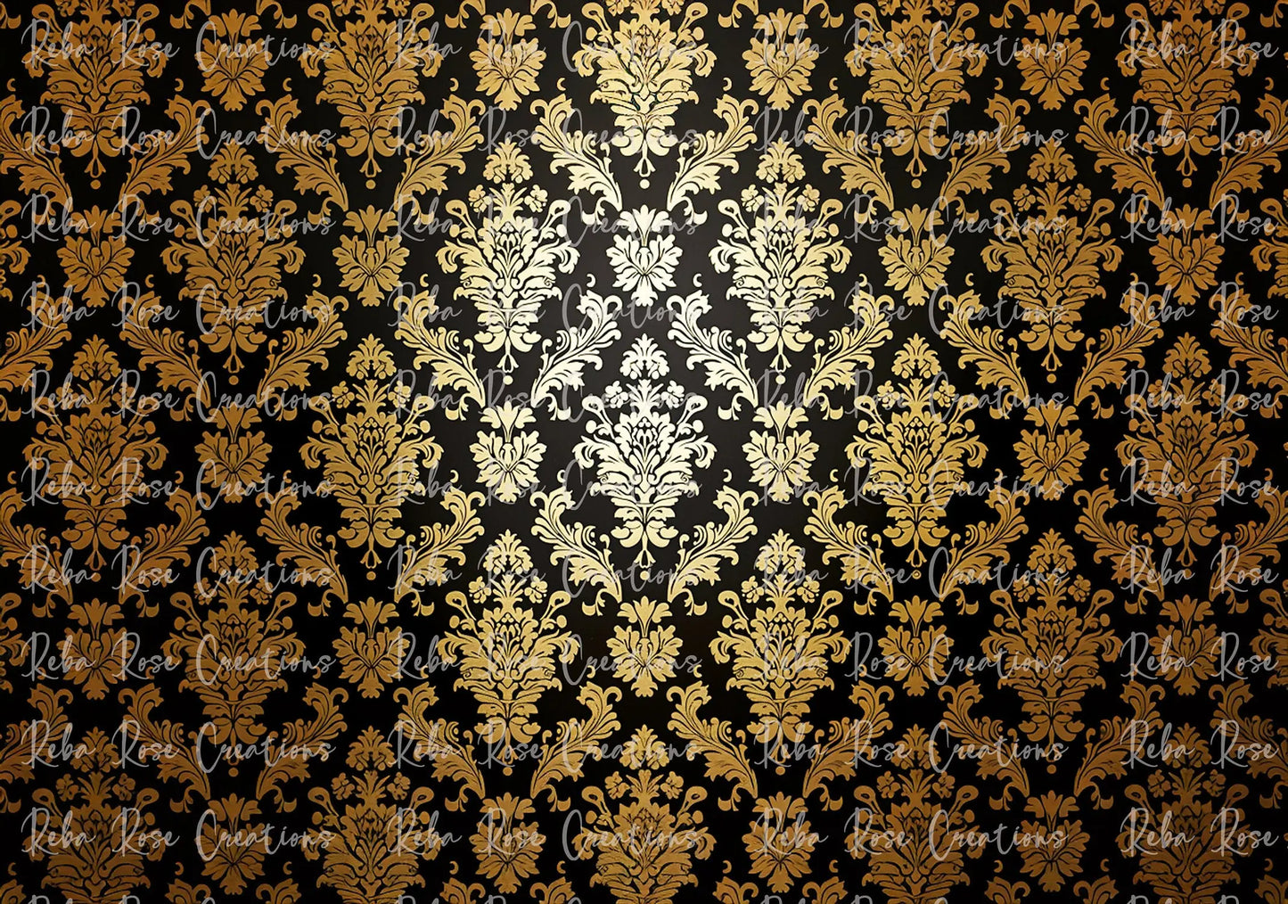 Reba Rose Creations, Rice Paper for Decoupage, Mixed Media, Black, Gold, Damask Wallpaper, Background, A3, 11.7 x 16.5 Reba Rose
