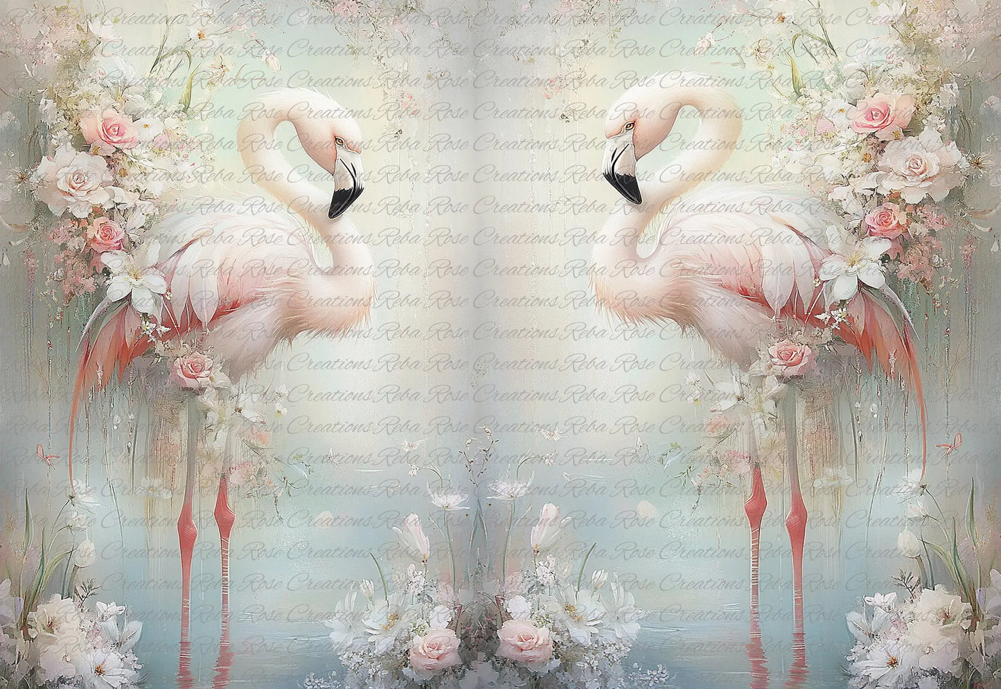 Reba Rose Creations, Rice Paper for Decoupage, Mixed Media, Pink Flamingos, Mirror Image, Flowers, A3, 11.7 x 16.5 Reba Rose