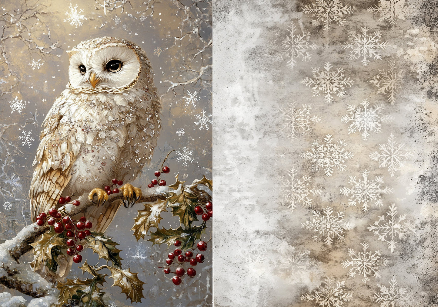 Reba Rose Creations, Rice Paper for Decoupage, White Owl, Snow, Winter, Snowflakes, Christmas,  92, A3, 11.7 x 16.5
