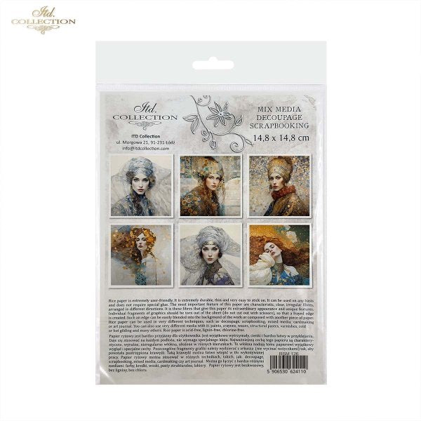 ITD Collection, Rice Paper, Mini Set, Decoupage, Mixed Media, Art Nouveau, Women, Mosaic, Portraits, RSM126, 6 sheets, 5.8 x 5.8