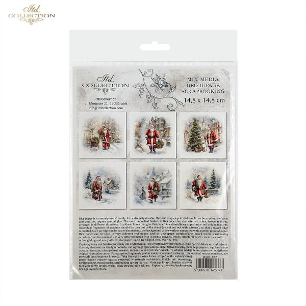 ITD Collection, Rice Paper, Mini Set, Decoupage, Mixed Media, 6 sheets, Christmas Santa Claus