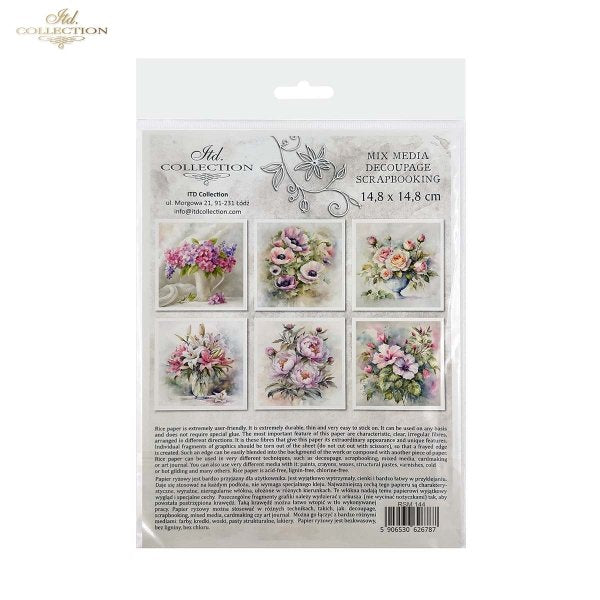 ITD Collection, Rice Paper, Mini Set, Decoupage, Mixed Media, Flowers, Floral Arrangement, Water color, RSM144, 6 sheets, 5.8 x 5.8