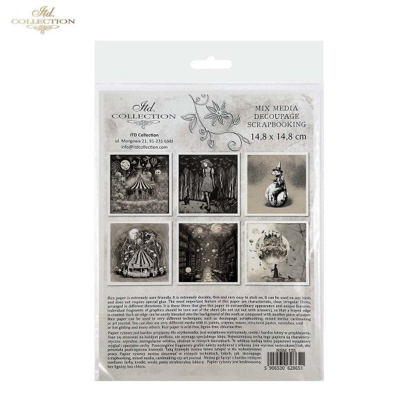 ITD Collection Rice Paper Mini Set for Decoupage RSM155, 6 sheets of rice Paper 14,8x14,8 cm, Black, White, Circus, Dark, Gothic