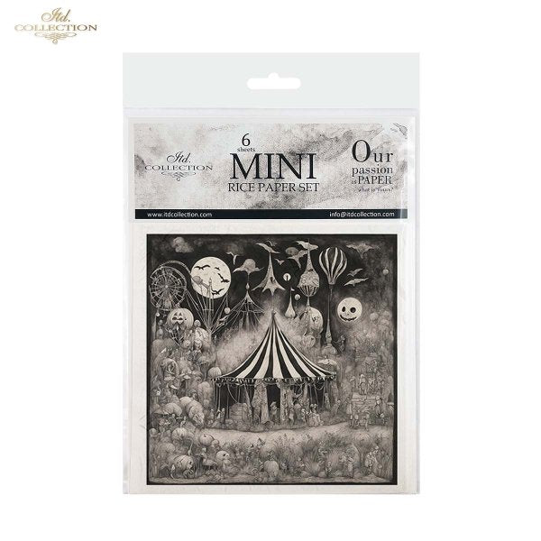 ITD Collection Rice Paper Mini Set for Decoupage RSM155, 6 sheets of rice Paper 14,8x14,8 cm, Black, White, Circus, Dark, Gothic