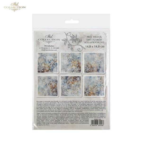 ITD Collection Rice Paper Mini Set for Decoupage RSM156, 6 sheets of rice Paper 14,8x14,8 cm, Christmas, Winter, Snowflakes