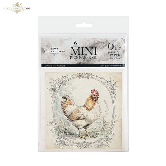 ITD Collection, Rice Paper, Mini Set, Chickens, Hens, Chicks, Rounds, Floral, 6 Sheets, 5x8, RSM119, Decoupage, Mixed Media, RSM158