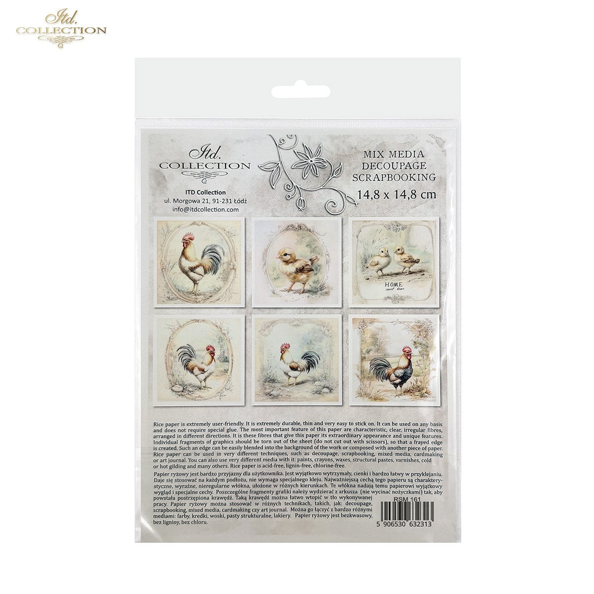 ITD Collection, Rice Paper, Mini Set, Roosters, Hens, Chicks, Rounds, Floral, 6 Sheets, 5x8, RSM119, Decoupage, Mixed Media, RSM161