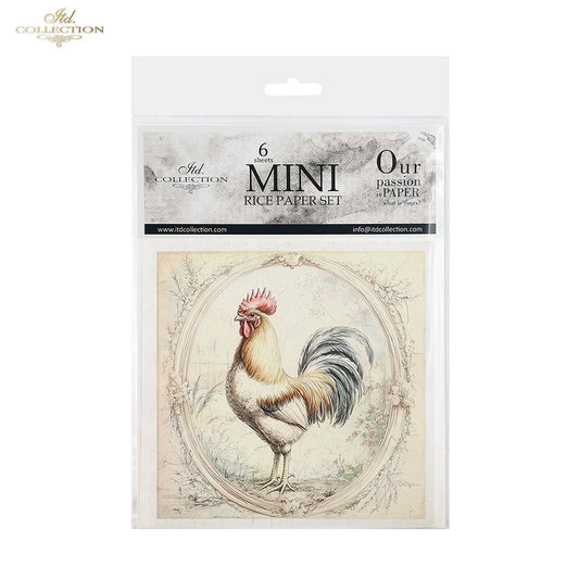 ITD Collection, Rice Paper, Mini Set, Roosters, Hens, Chicks, Rounds, Floral, 6 Sheets, 5x8, RSM119, Decoupage, Mixed Media, RSM161