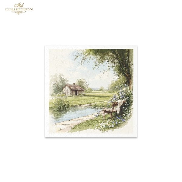 ITD Collection, Rice Paper, Mini Set, Decoupage, 6 sheets, Country Landscape, Cottage, Greenery, RSM170)