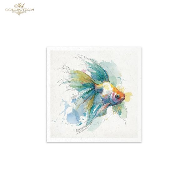 ITD Collection Rice Paper, Mini Set, Watercolor Goldfish, Angelfish, Fish Motifs, 6 Sheets, 5x8, Decoupage, Mixed Media