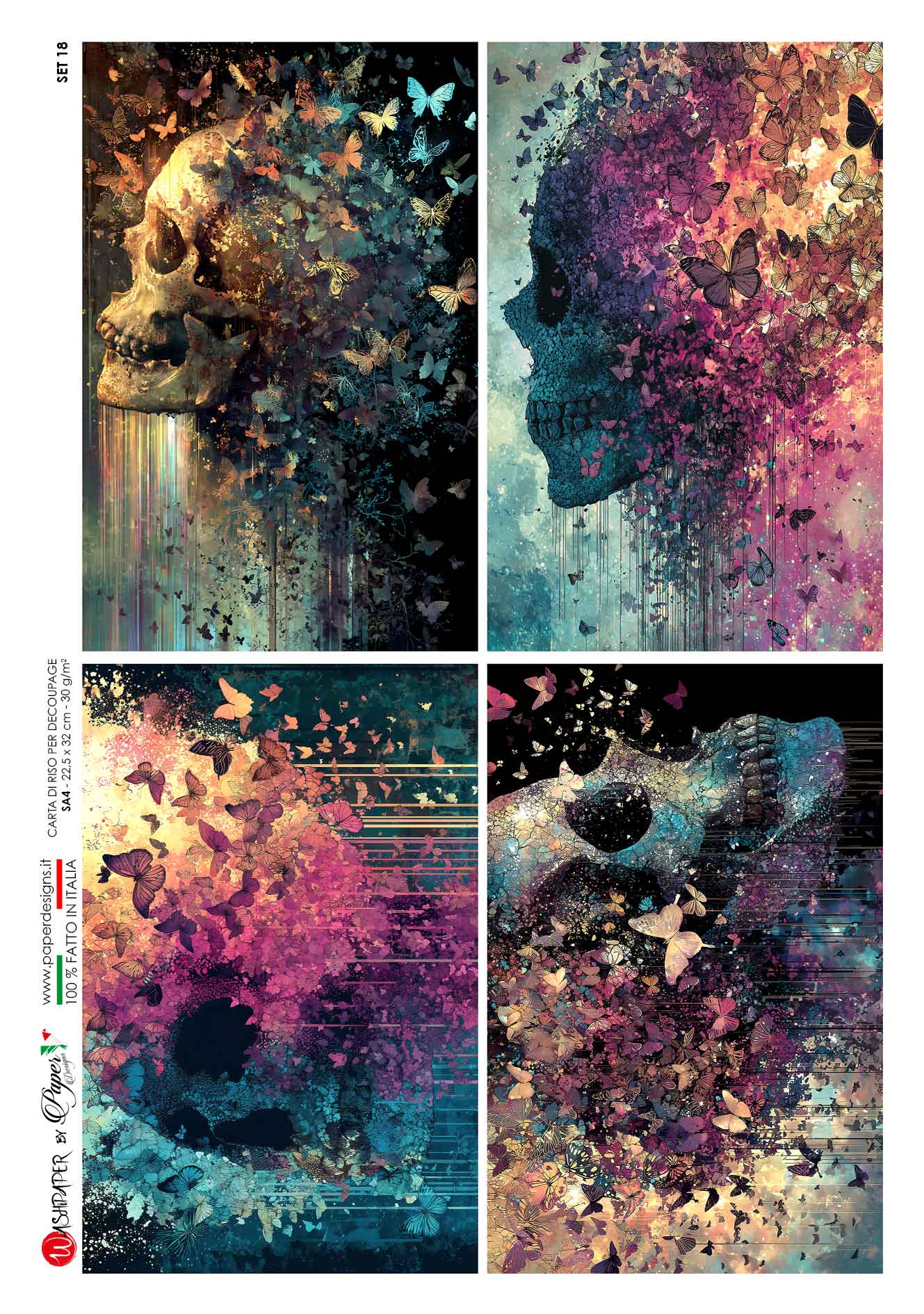 Paper Designs, Rice Paper, Skulls, Gothic, Squares, Butterflies, Custom Printed for HHT, A4, 8.3" X 11.7 Decoupage, Mixed Media