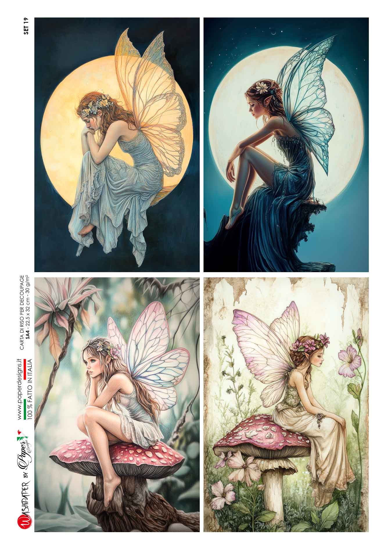 Paper Designs, Rice Paper, Mythical Fairies, Fantasy, Moon, Mushroom, Squares, Custom Printed for HHT, A4 8.3" X 11.7 Decoupage, Mixed Media Paper Designs