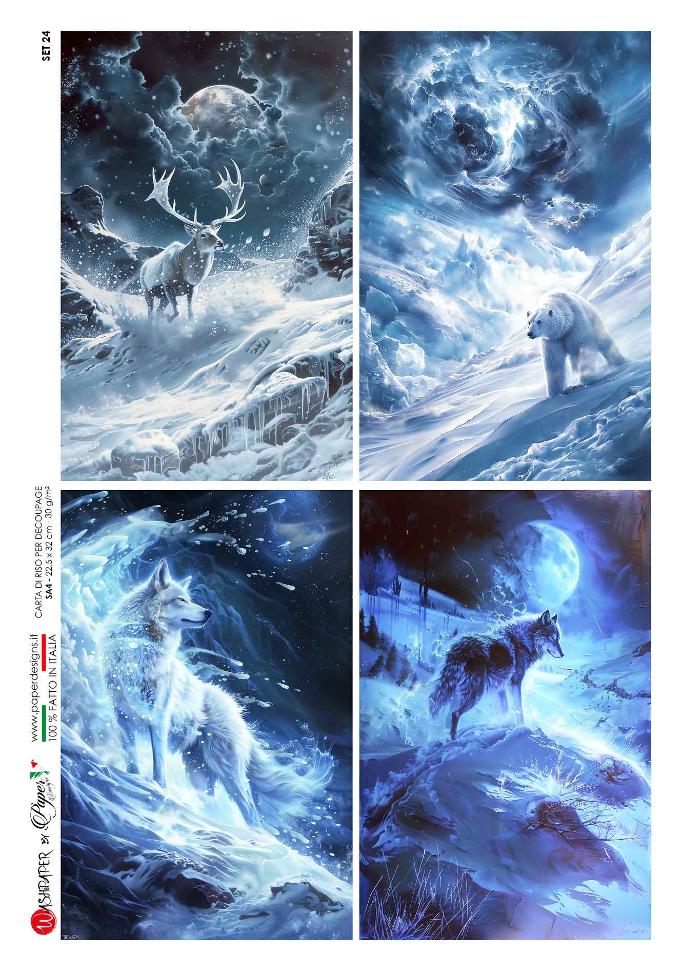 Paper Designs, Rice Paper, Blue Snow Drifts, Squares, Deer, Polar Bear, Wolves, Custom Printed for HHT, A4 8.3 X 11.7 Decoupage, Mixed Media