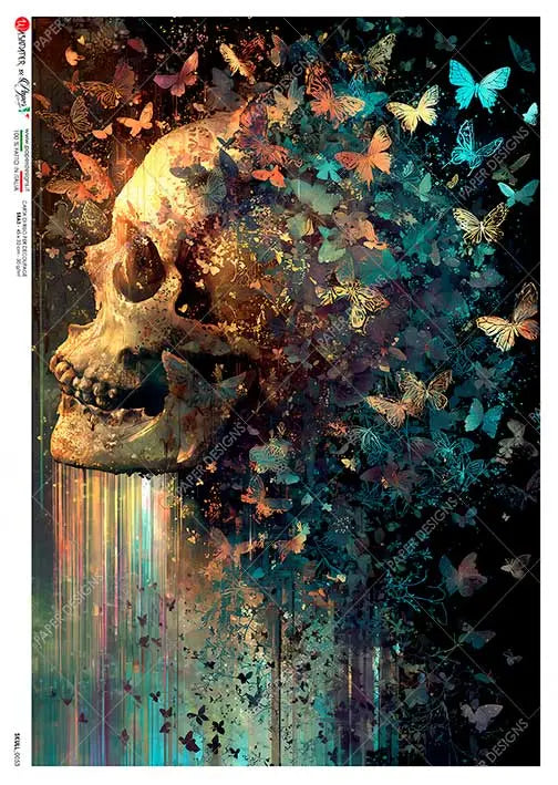 Paper Designs, Rice Paper, Skull, Butterflies, Art Work, 0053, A4 8.3" X 11.7", Decoupage, Mixed Media Paper Designs