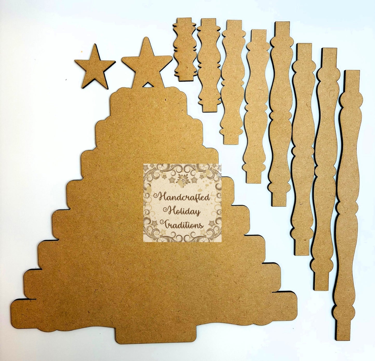 Laser Cut MDF Wood Base Blank for Decoupage, Mixed Media, Spindles Christmas Tree, Vintage Style Plaque, Craft Panel, 9.5" x 10.25"