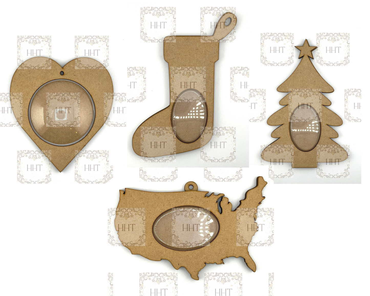 Laser Cut, MDF, Holiday, Christmas, Shaker Ornament, Blank, Base, piece, Tree, Heart, USA, Stocking, Decoupage, Mixed Media, Crafts