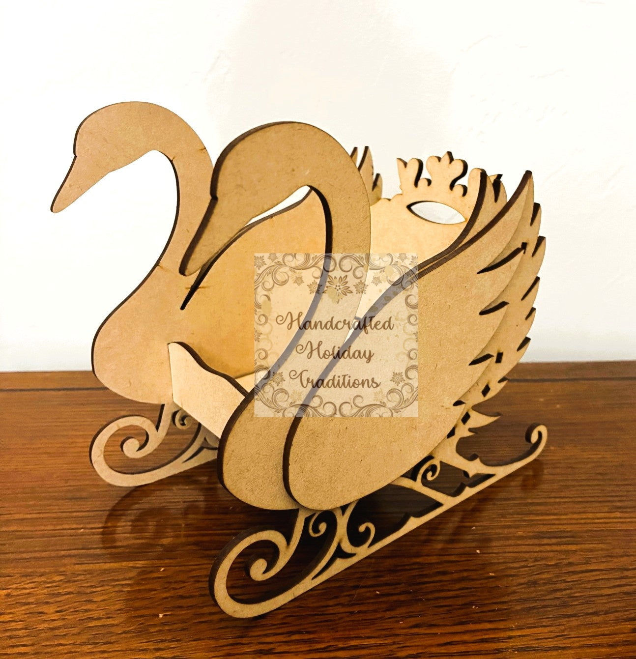 Laser Cut, MDF, Buildable, Swan, Princess, Winter, Sleigh, Christmas, Buildable, Blank, Base, Decoupage, Mixed Media, 7"w x 6 1/2"h x 4"d