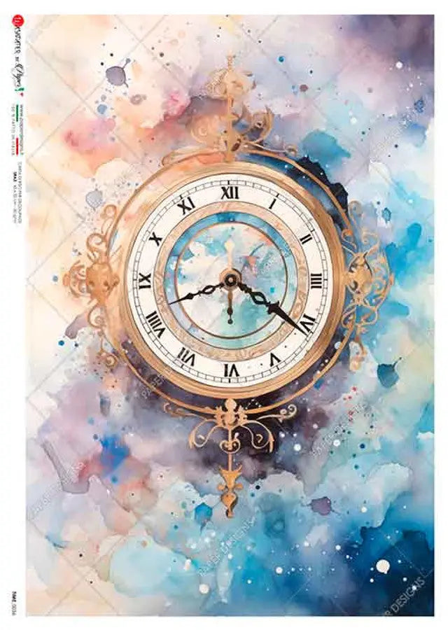 Paper Designs, Rice Paper, Timer Piece, Clock, Watch, Water Color, Through Space, 0056, A4 8.3" X 11.7", Decoupage, Mixed Media Paper Designs