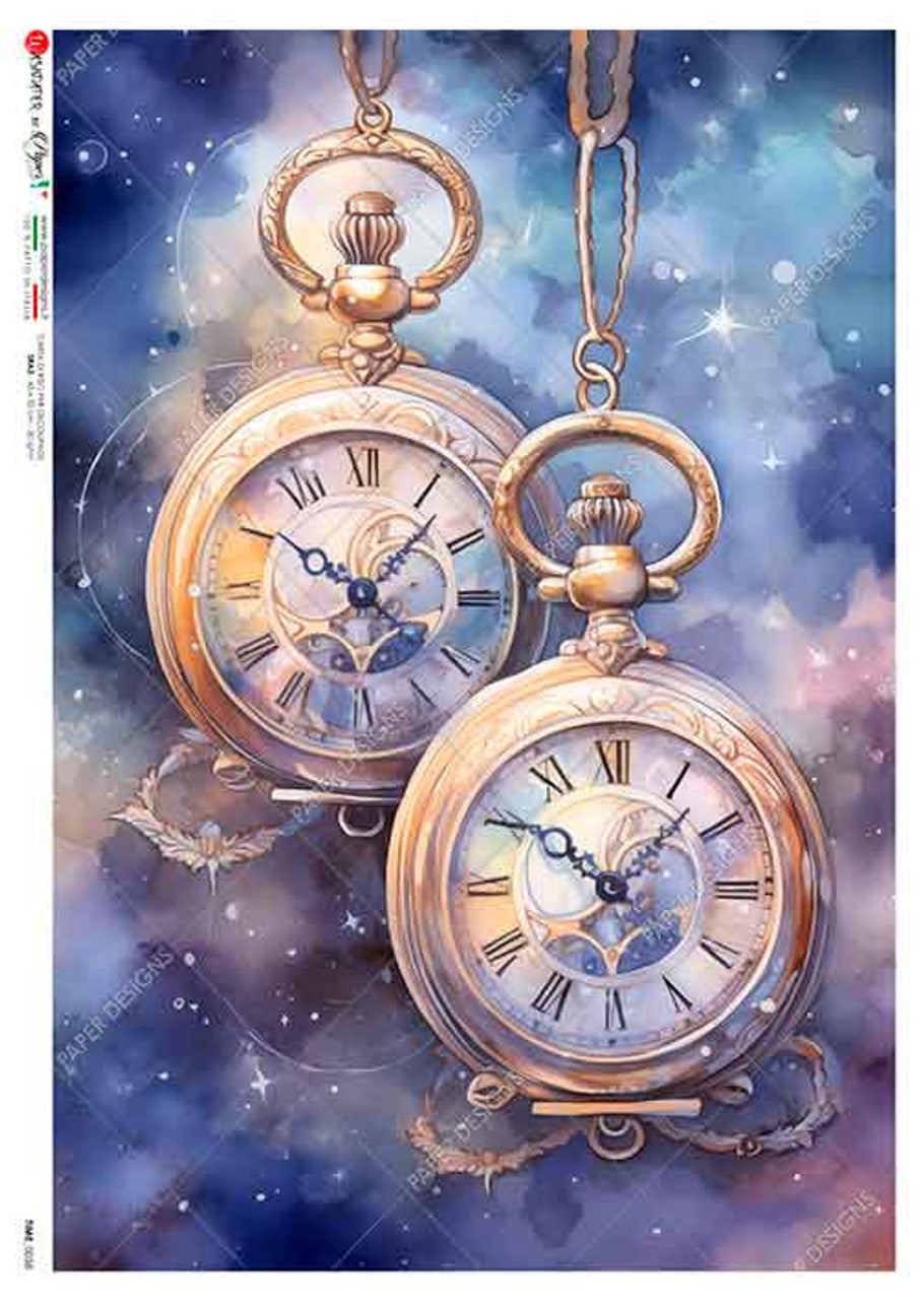 Paper Designs, Rice Paper, Timer Piece, Clock, Watch, Water Color, Celestial Dreams, 0058, A4 8.3" X 11.7", Decoupage, Mixed Media
