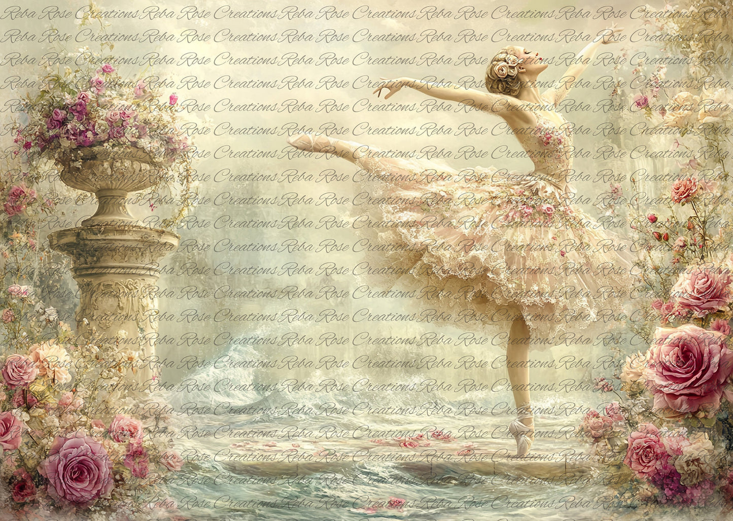 Reba Rose Creations, Tissue Paper for Decoupage, Mixed Media, Ballet Dancer, Vintage, Shabby Chic Style, Roses, Furniture Upcycle, 20" x 30"
