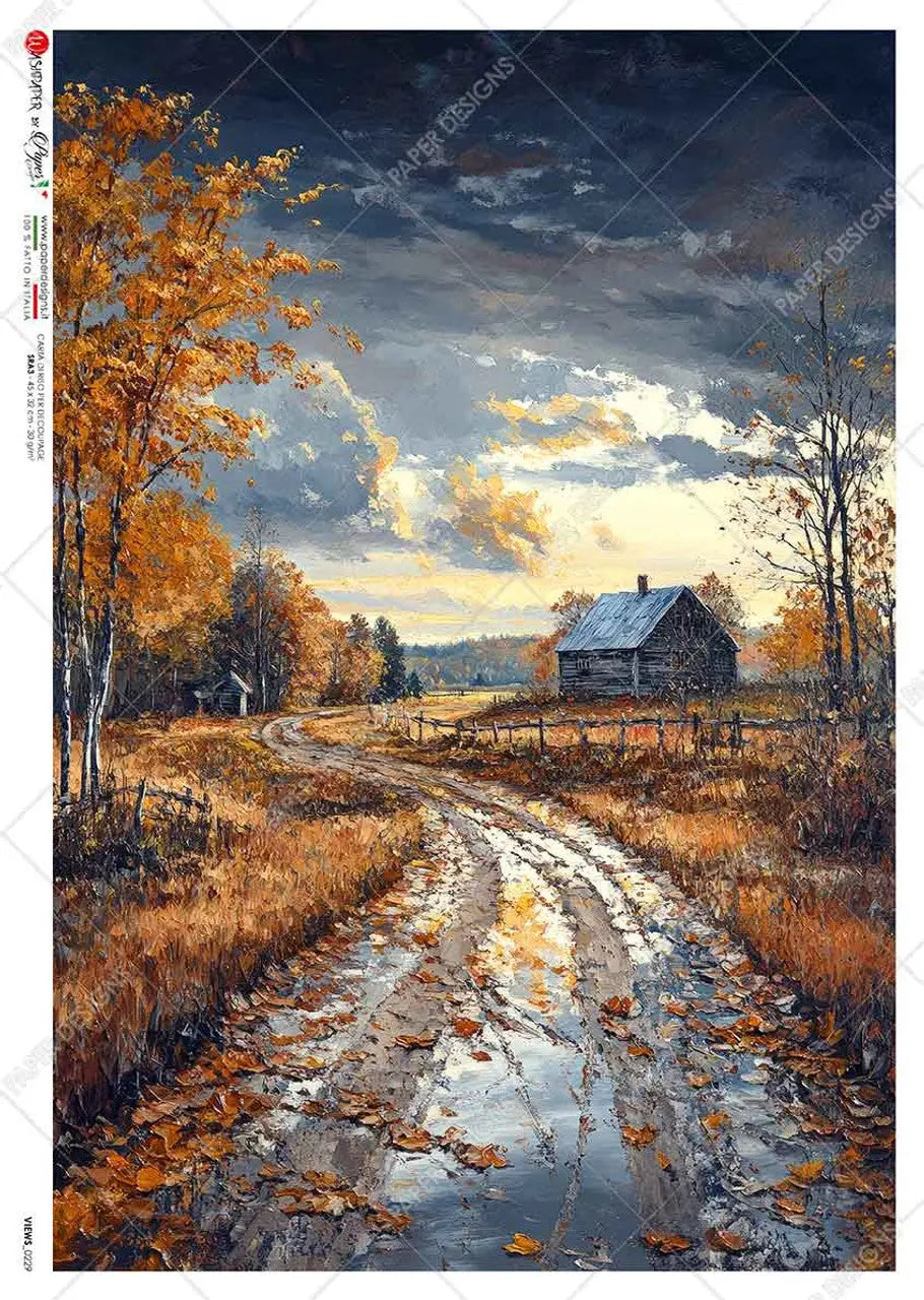Paper Designs, Rice Paper, 2024 Release, Autumn Landscape, Country Road, Scene, Cabin, 0229, A4 8.3" X 11.7", Decoupage, Mixed Media Paper Designs