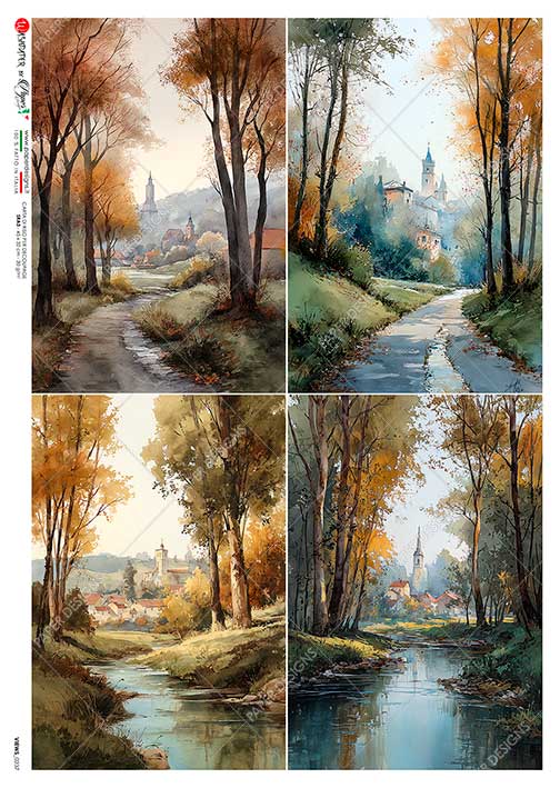 Paper Designs, Rice Paper, European Village, Stream, Landscape, Views, Squares, 0237, A4 8.3" X 11.7", Decoupage, Mixed Media, Crafts Paper Designs