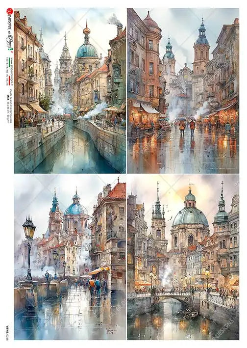 Paper Designs, Rice Paper, Italian Town, Venice, Canal, Views, Squares, 0238, A4 8.3" X 11.7", Decoupage, Mixed Media, Crafts Paper Designs