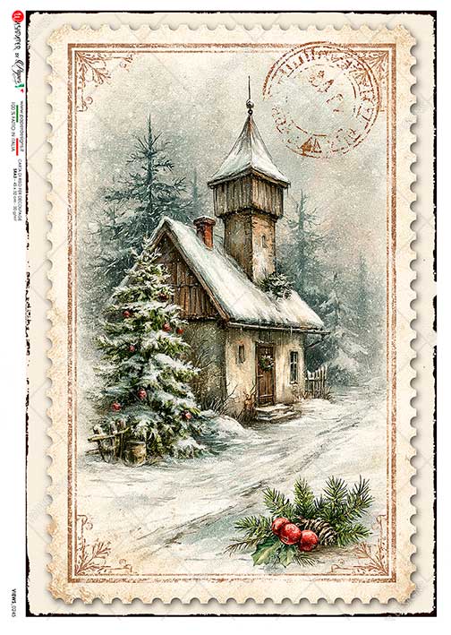 Paper Designs Rice Paper for Decoupage, Country Winter Houses Snow Landscape, A4 8.6” x 12.5”, Decoupage, Mixed Media, Scrapbooking