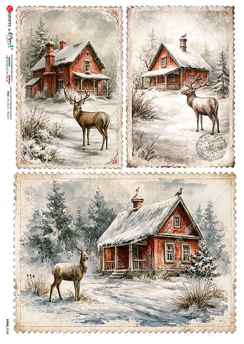 Paper Designs Rice Paper for Decoupage, Country Winter Houses Snow Landscapes, Deer, A4 8.6” x 12.5”, Decoupage, Mixed Media, Scrapbooking
