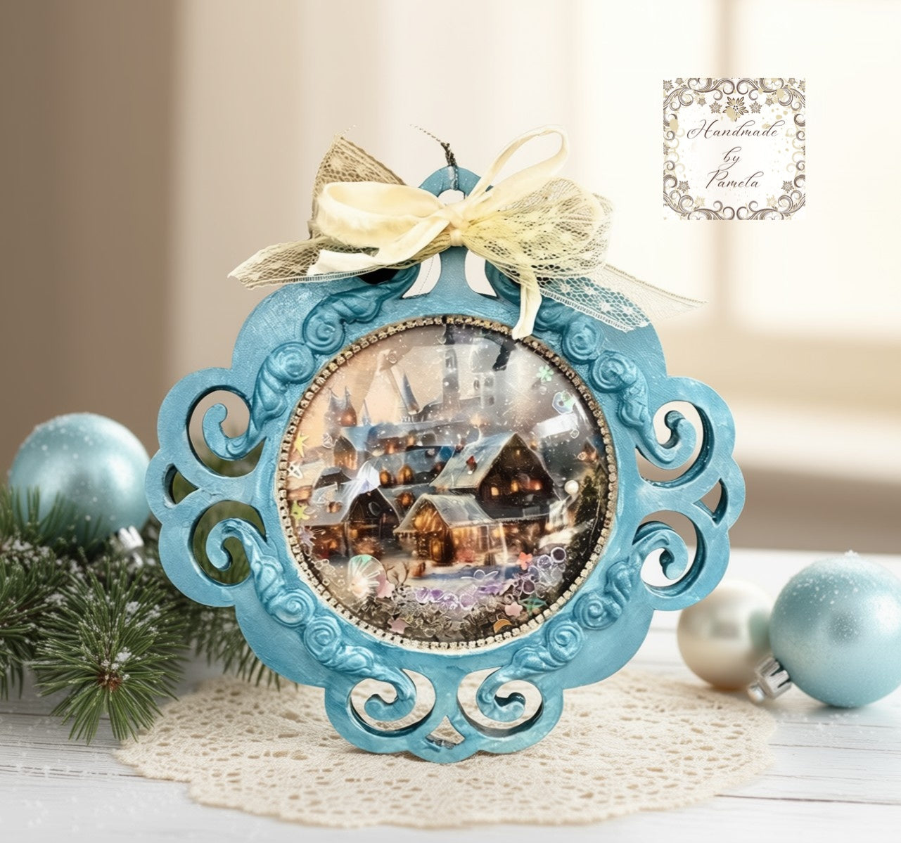Laser Cut MDF Unfinished Christmas Ornament Base Blank with Frame, Vintage Style, 2 piece for Decoupage Mixed Media 6 1\2"