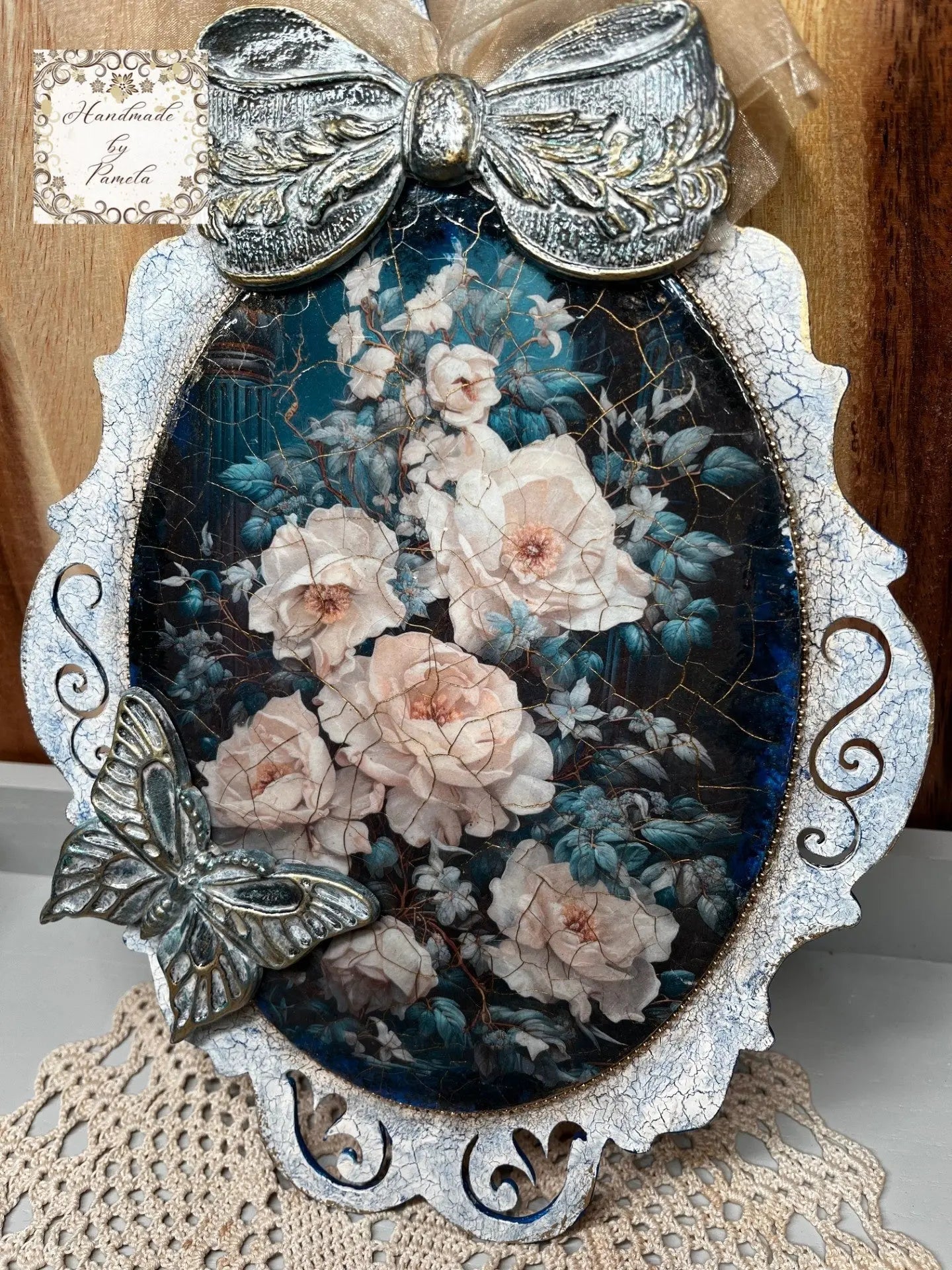 Handcrafted, Home Decor, Decoupage, Mixed Media, Home Decor, Plaque, Panel with White Flowers Handmade by Pamela