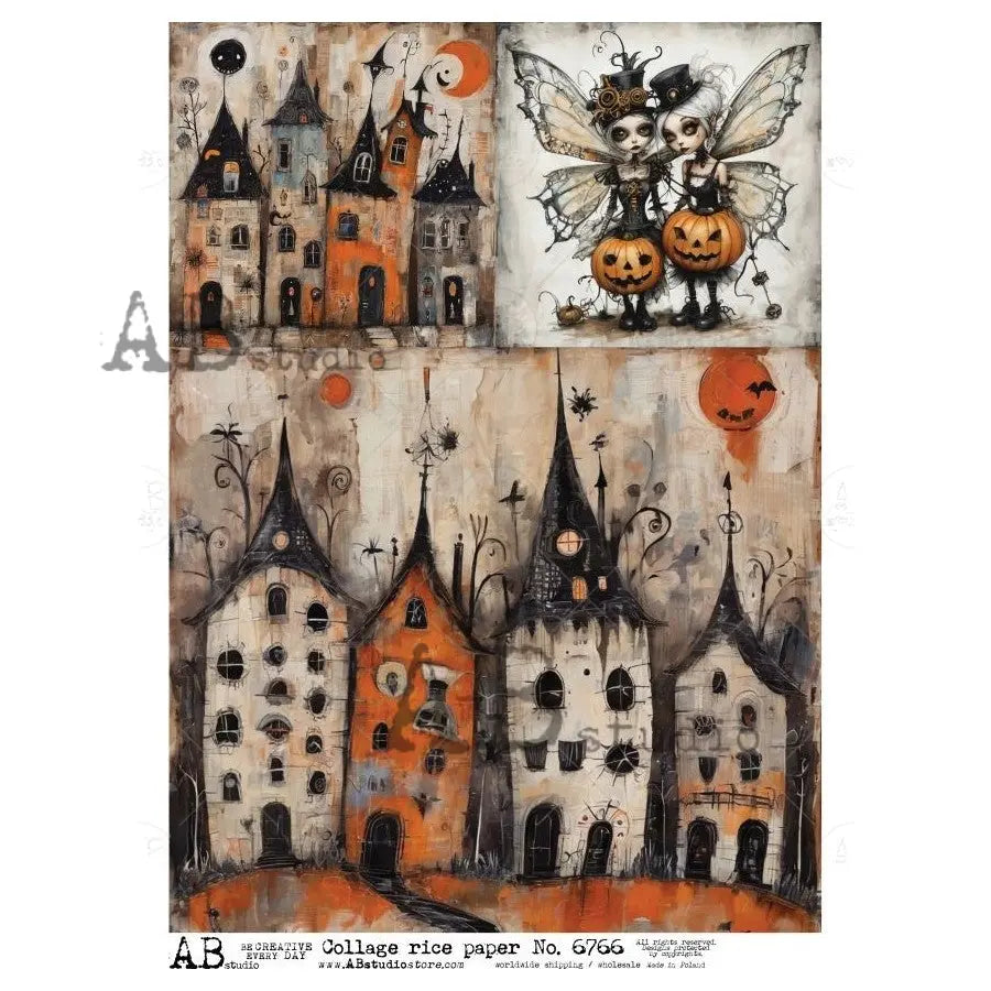 AB Studio, Rice Paper for Decoupage, Haunted Houses, Halloween, Whimsical, Fairies, Pumpkins, Squares, 6766, A4, 8.27 X 11.69 AB Studio