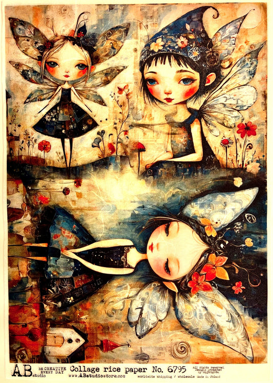 AB Studio, Rice Paper for Decoupage, Whimsical, Fairies, Fantasy, Squares, 6795, A4, 8.27 X 11.69