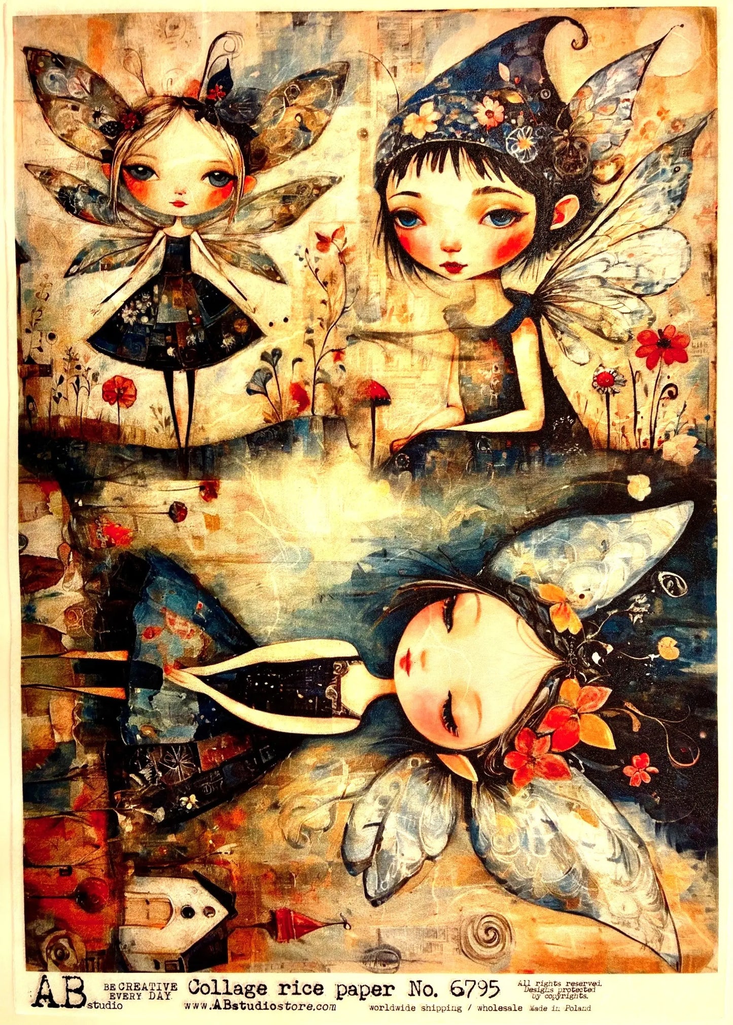 AB Studio, Rice Paper for Decoupage, Whimsical, Fairies, Fantasy, Squares, 6795, A4, 8.27 X 11.69 AB Studio