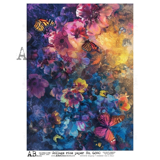 AB Studio, Rice Paper for Decoupage, Multi-color, Flowers, Butterflies, Background, Wallpaper, 6840, A4, 8.27 X 11.69
