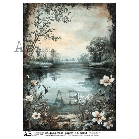 AB Studio, Rice Paper for Decoupage, Lake, Floral, Landscape, Background, Wallpaper, 6883, A4, 8.27 X 11.69