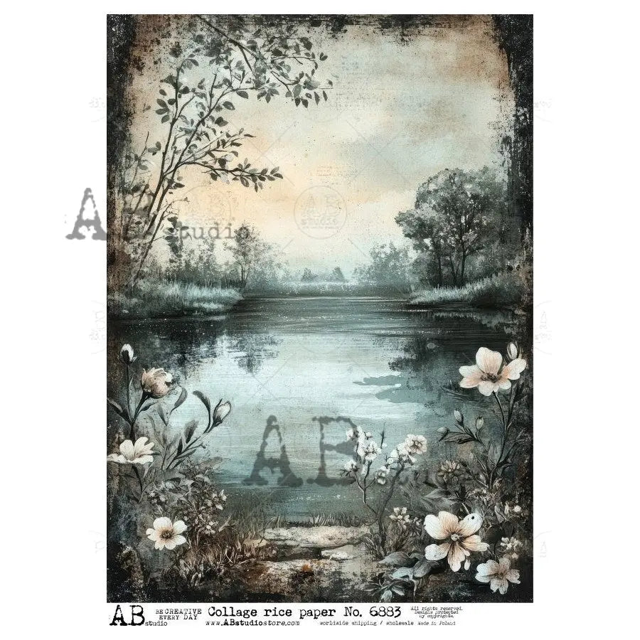 AB Studio, Rice Paper for Decoupage, Lake, Floral, Landscape, Background, Wallpaper, 6883, A4, 8.27 X 11.69 AB Studio