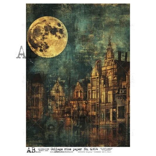 AB Studio, Rice Paper for Decoupage, Dark, Moon, Night time, Gothic, City Scape, 6904, A4, 8.27 X 11.69