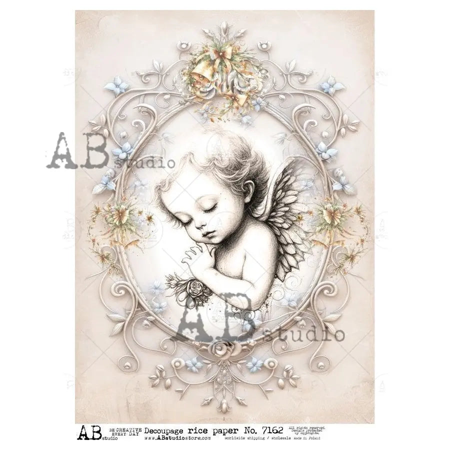 AB Studio, Rice Paper, Angel, Cherubs, Angels, Vintage Frame, Shabby Chic, Blue, Gray, Tones, A4 8.2 x 11.7, Mixed Media, Decoupage, ID-7162 AB Studio