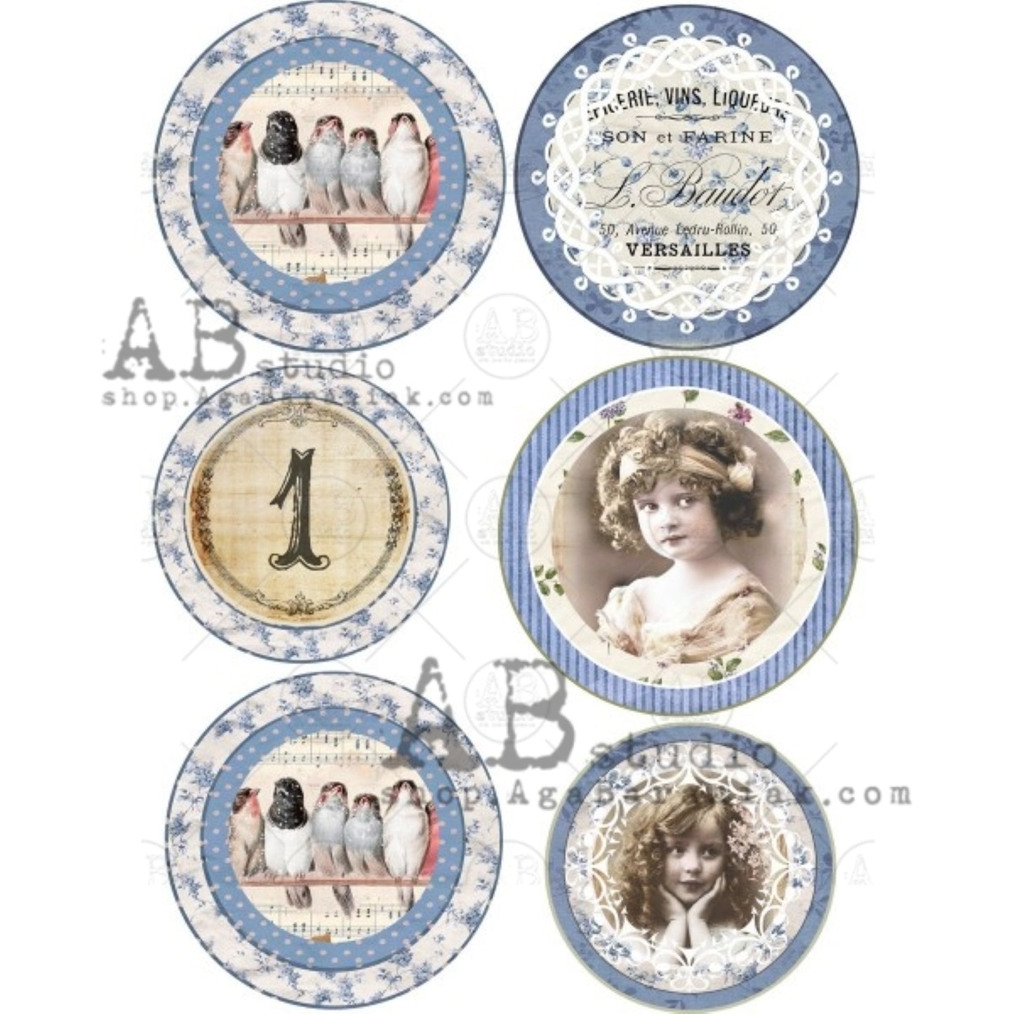 AB Studio, Rice Paper for Decoupage, Blue, White, Shabby Chic, Provence Birds, Portraits, Rounds, Rice Paper, A4 0375 8.27 X 11.69