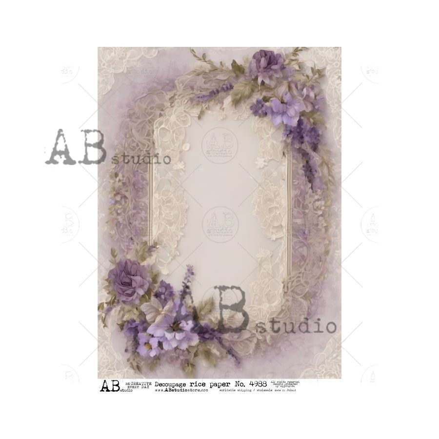 AB Studio, Rice Paper for Decoupage, Romantic, Shabby Chic, Purple Flowers, Frame Background, 4988, A4 8.27 X 11.69 Imported Poland