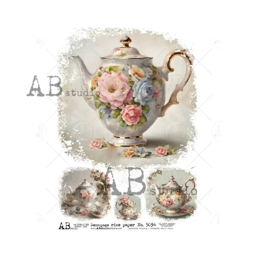 AB Studio, Rice Paper, Decoupage, Vintage Style, Floral Tea Pot, Antique, Shabby Chic Style, 5034, A4 8.27 x 11.69, Mixed Media, Decoupage AB Studio