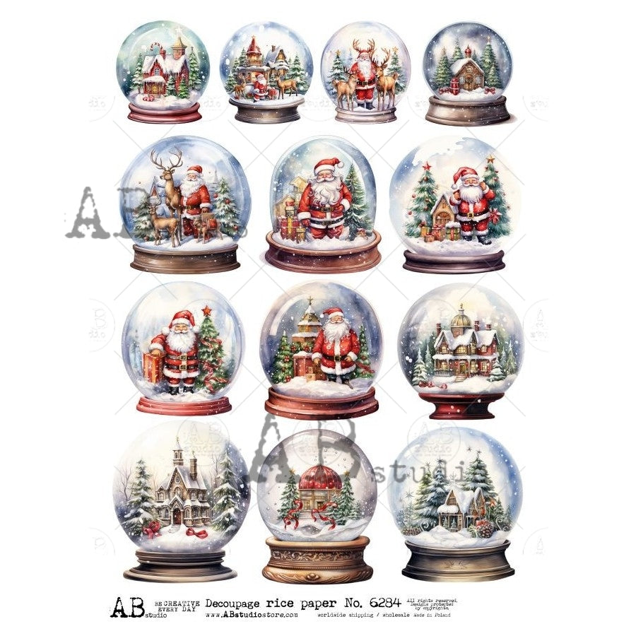 AB Studio, Rice Paper, Decoupage, Christmas, Snow Globes, Winter Scenes, Santa, Trees, Cards, Ornaments, Mixed Media, 6284, A4 8.27 x 11.69