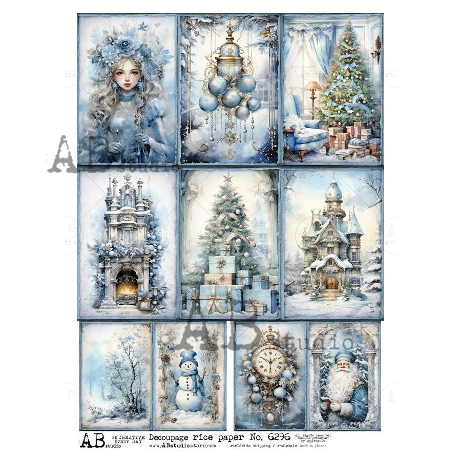 AB Studio, Rice Paper, Decoupage, Christmas, Blue, White, Tags, Squares, Tree, Snowman, Santa, Holiday, Shabby chic, ID-6196 A4 8.27 x 11.69