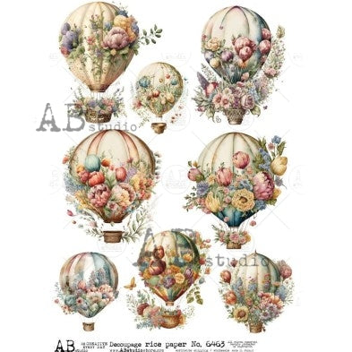 AB Studio, Shabby Chic, Spring, Flowers, Hot Air Balloons, Pink Roses, 6463, A4, 8.27 X 11.69 in, Rice Paper, Decoupage, Mixed Media