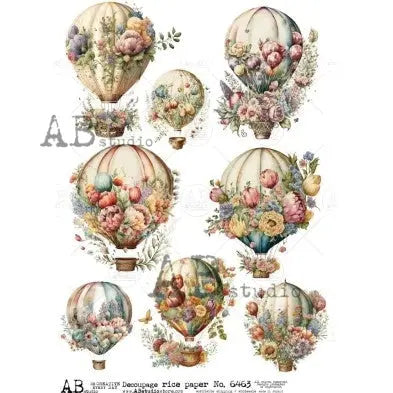 AB Studio, Shabby Chic, Spring, Flowers, Hot Air Balloons, Pink Roses, 6463, A4, 8.27 X 11.69 in, Rice Paper, Decoupage, Mixed Media AB Studio
