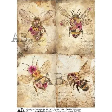 AB Studio, Shabby Chic, Vintage, Bees, Squares, Bumble Bee, 6474, A4, 8.27 X 11.69 in, Rice Paper, Decoupage, Mixed Media AB Studio